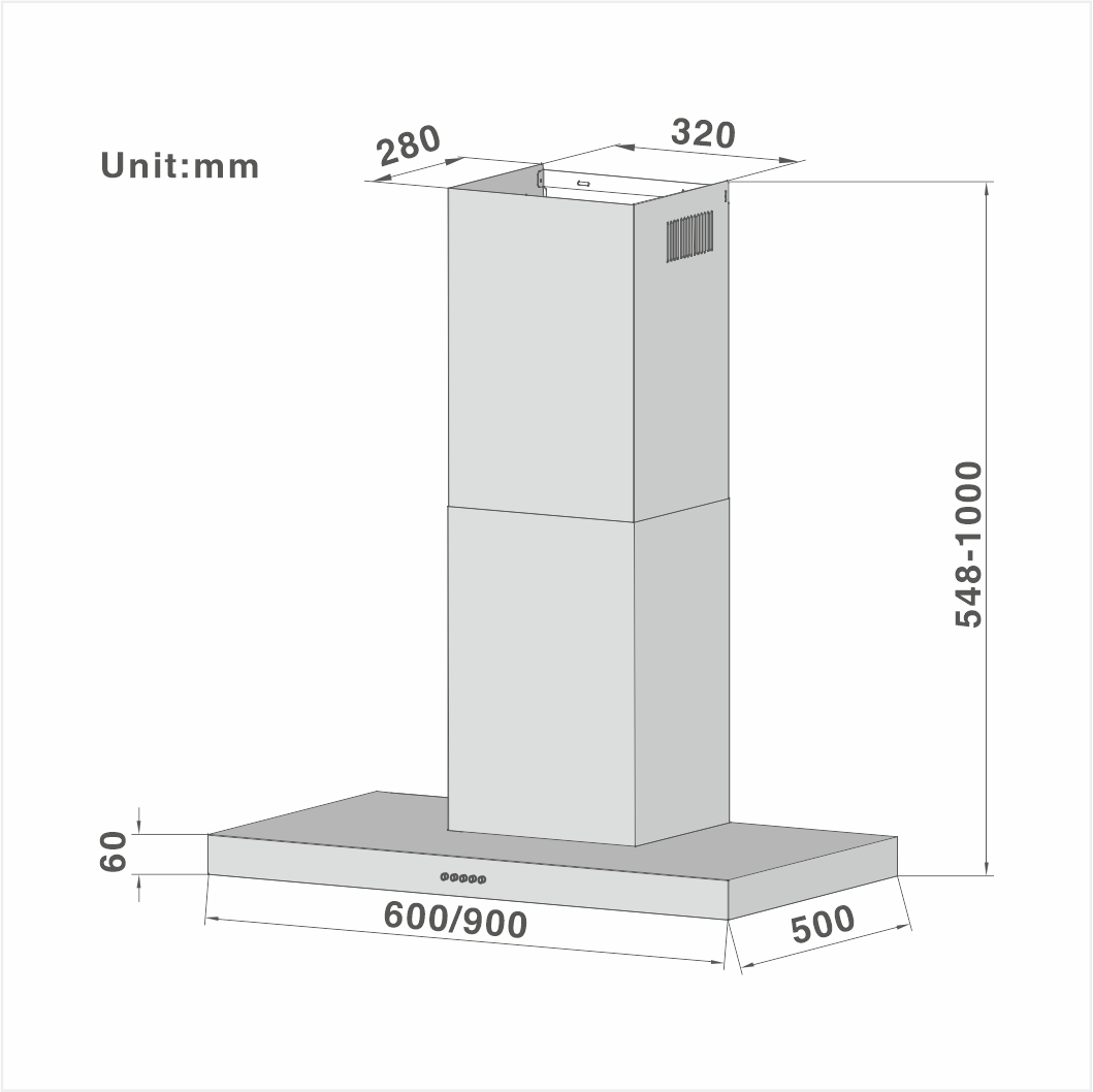 T-shape Chimney Cooker Hood 60MM Panel Height 102A 60/90cm